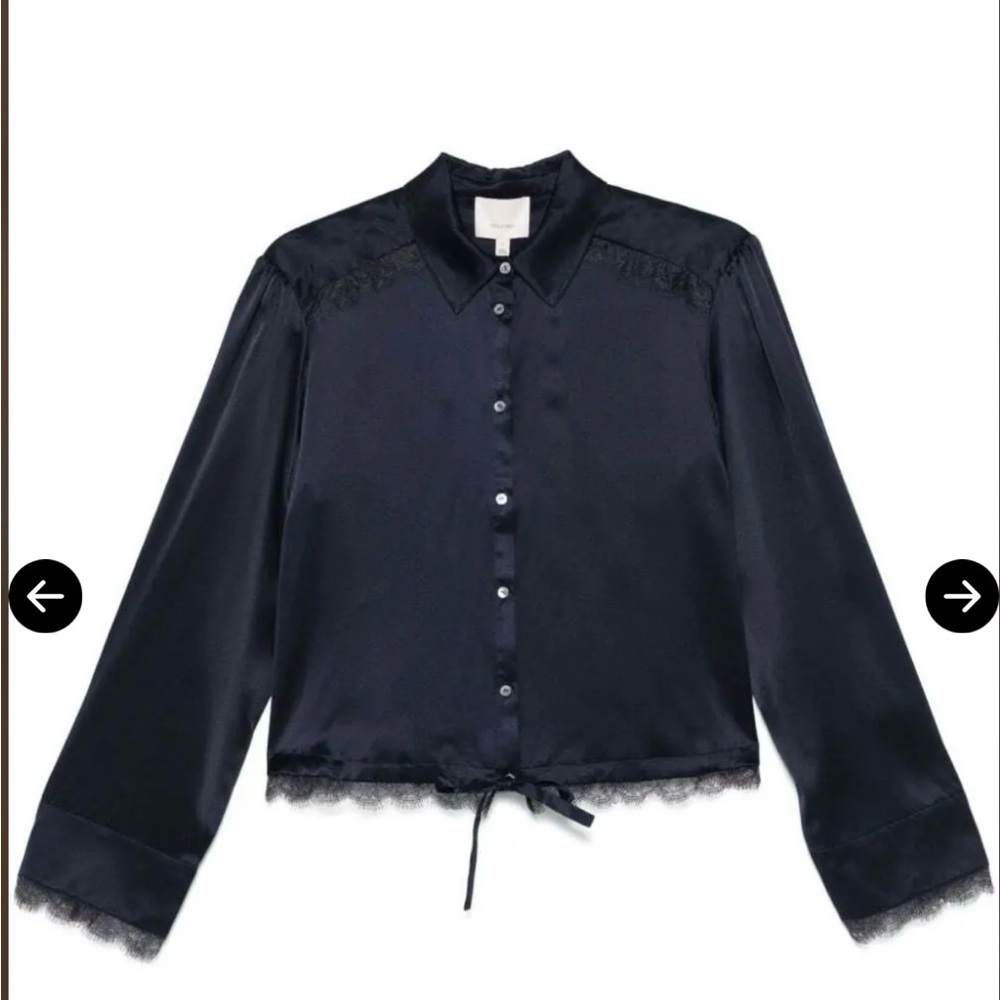 Cinq A Sept Mabyn navy silk blouse with drawstring hem and lace trim